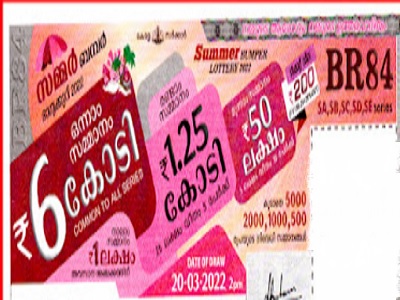Kerala State Summer Bumper Lottery Result 20.3.2022 br-84 Draw