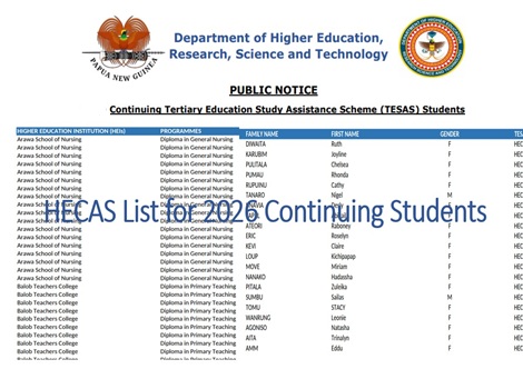 2026 HECAS List For Continuing Students