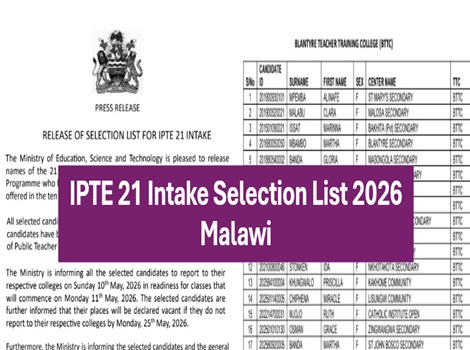 IPTE 21 Intake Selection List 2026 Malawi