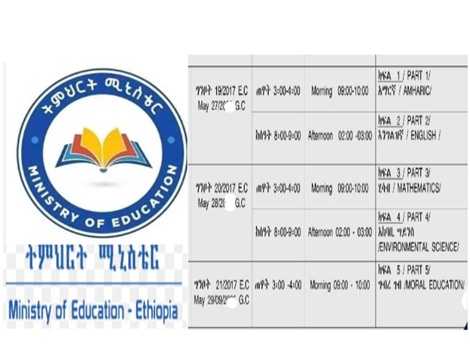 Ethiopia Grade 8 & Grade 6 Ministry Exam timetable 2018/ 2026