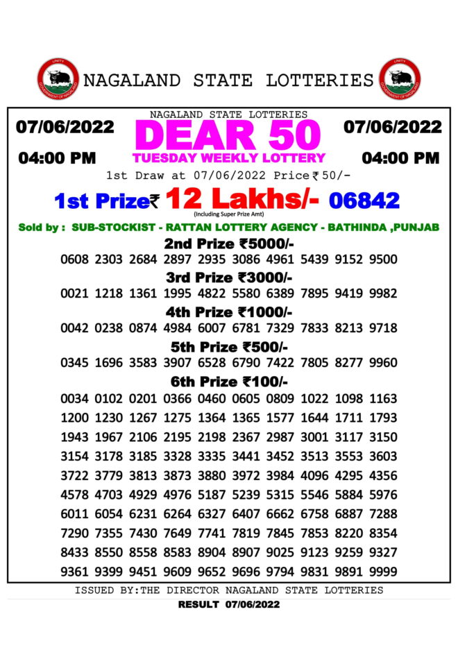 {25/09/20224PM) Nagaland Dear 50 Sunday Lottery Result4th Draw1st