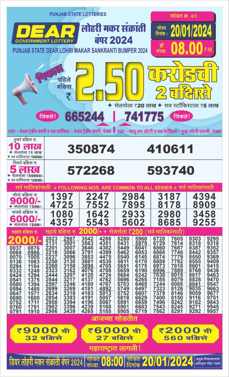 (20/01/2024 8pm) Punjab State Dear Lohri Makar Sankranti Bumper