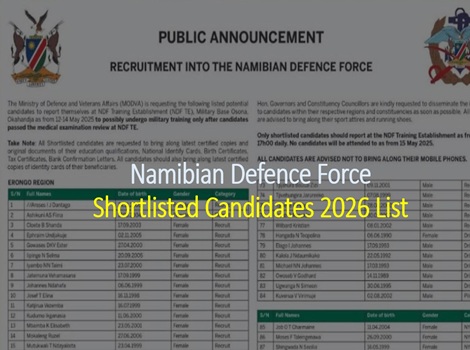 June 2026 Namibia Defence Force Shortlisted Candidates List