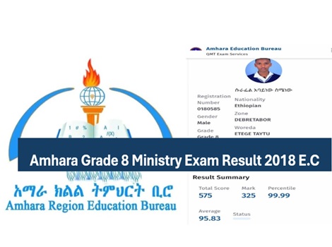 Amhara Grade 8 Ministry Exam Result 2018 E.C