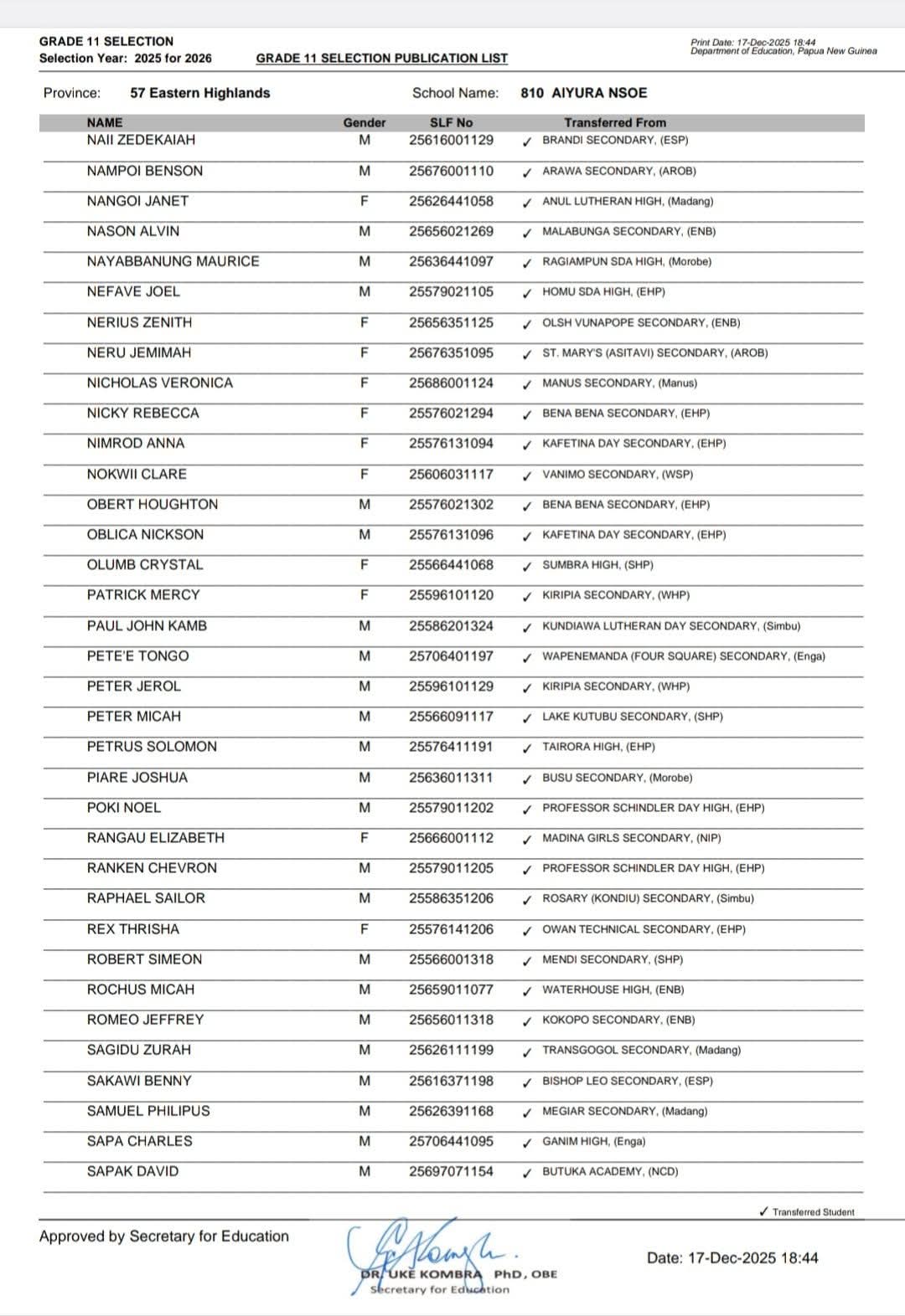 Grade 11 Selection List For 2026 PNG (Links-OUT) National High School ...