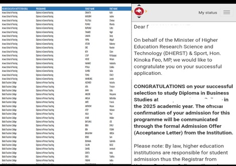 DHERST Tertiary Selection List 2026 Acceptance Offer Letter Download