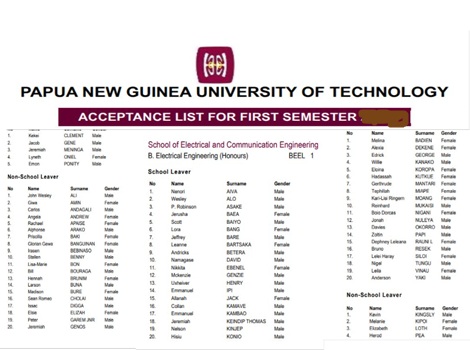 PNG University of Technology NSL Selection List 2026
