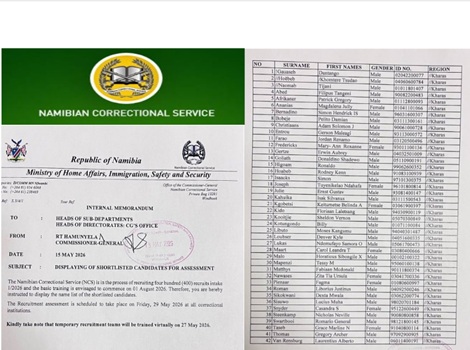 Namibian Correctional Service Shortlisted candidates 2026