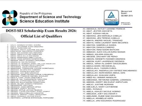 DOST SEI Scholarship 2026 Results Passers List