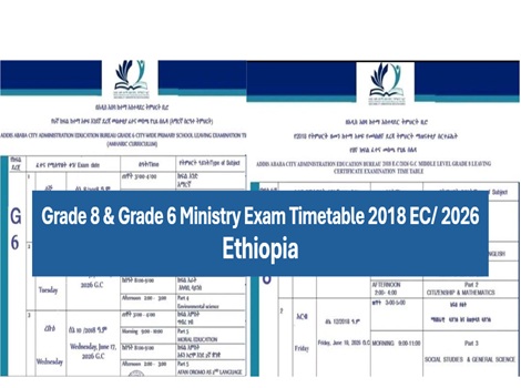 Grade 8 Grade 6 ministry exam timetable 2018 Ethiopia